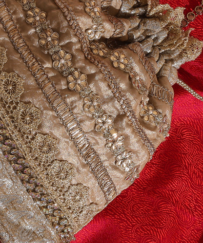 Beige Lame Glass Tissue Potli With Golden Lace Embroidery