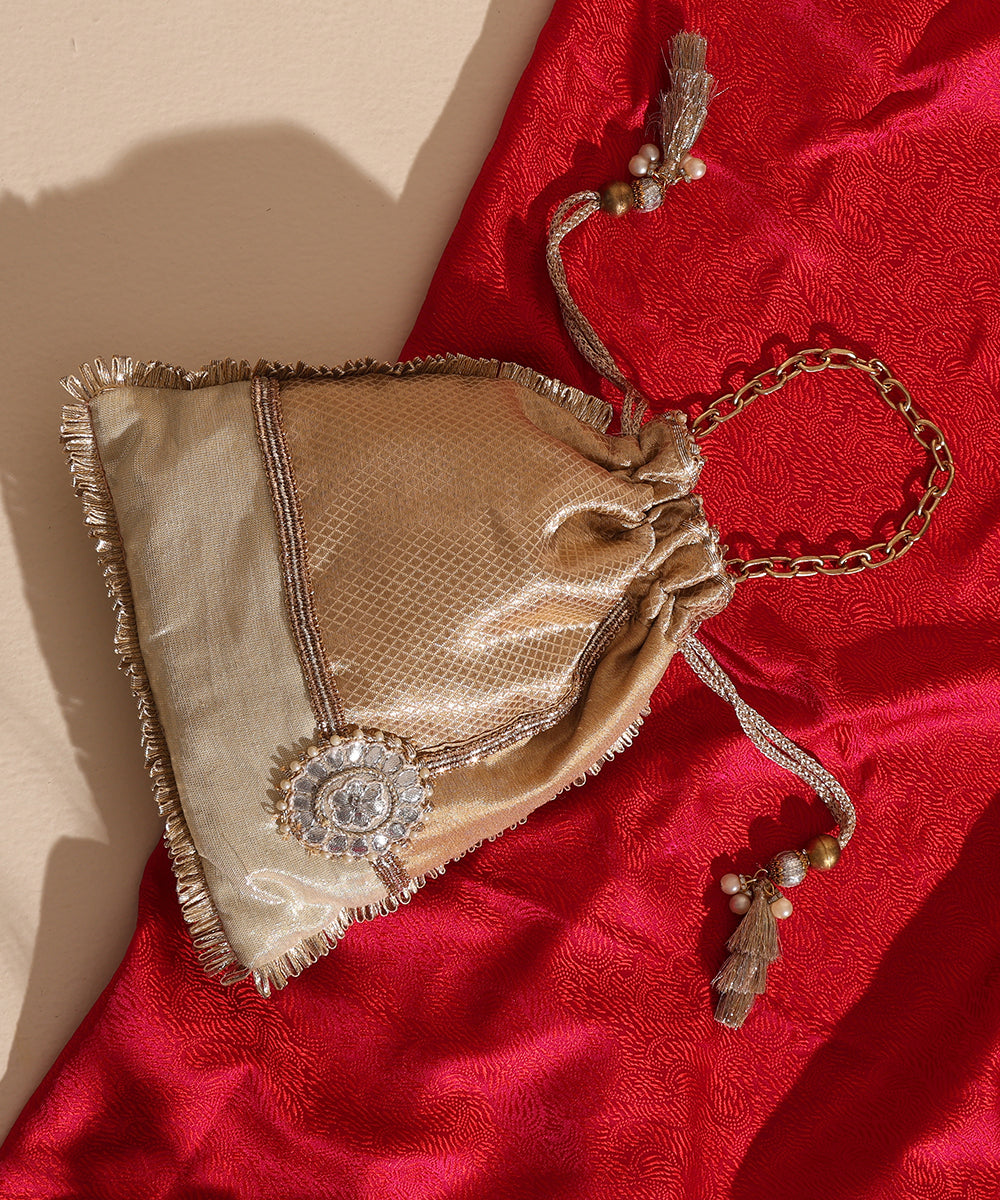 Golden Brocade Potli With Gota Embroidery On Edges