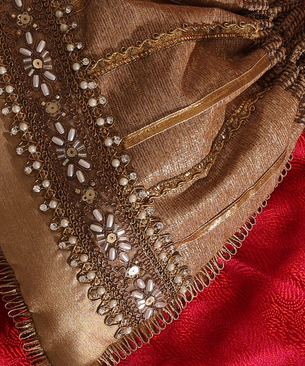Golden-Beige Lurex Potli With Pearl Lace With Copper And Gold Gota