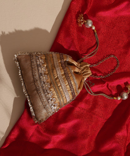 Beige-Golden Lame And Brocade Potli With Golden Laces