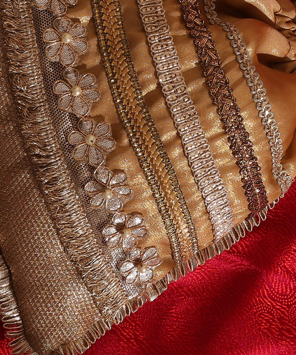 Beige-Golden Lame And Brocade Potli With Golden Laces