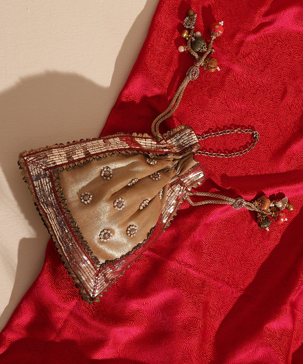 Beige South Tissue Potli With Abla Lace And Embroidered Bootis