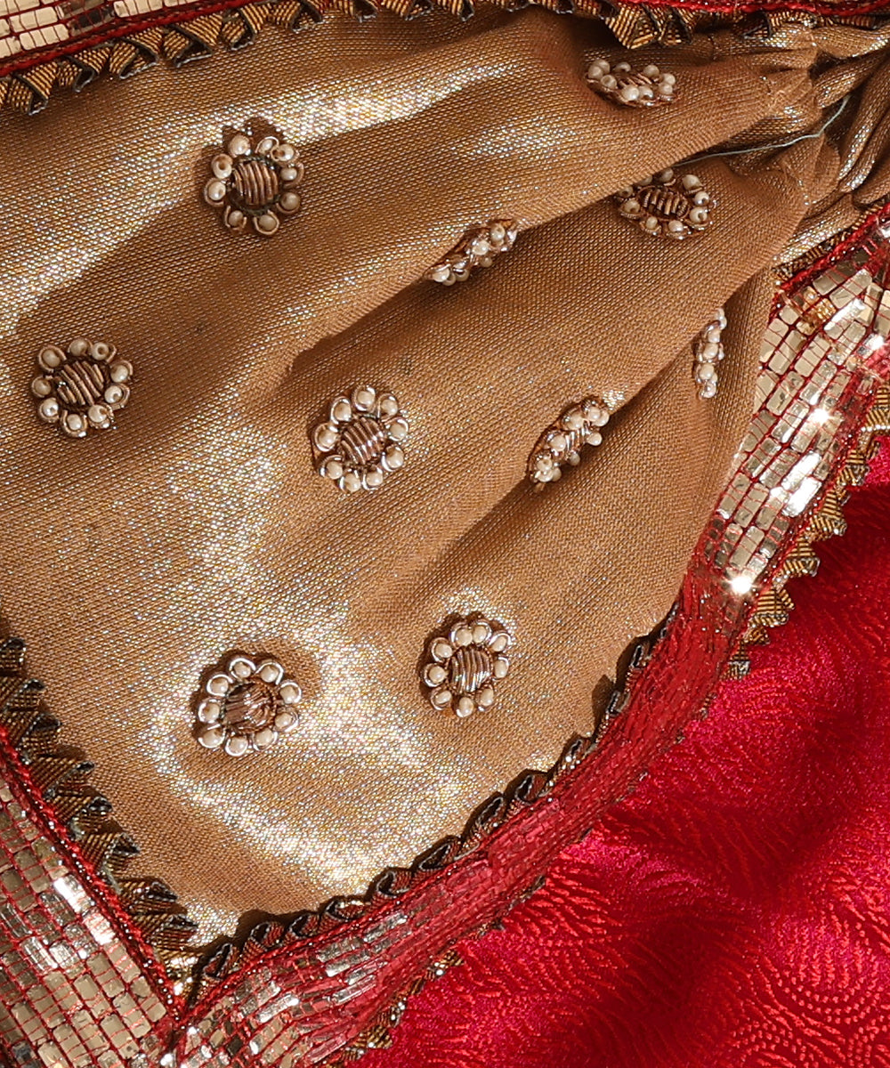 Beige South Tissue Potli With Abla Lace And Embroidered Bootis