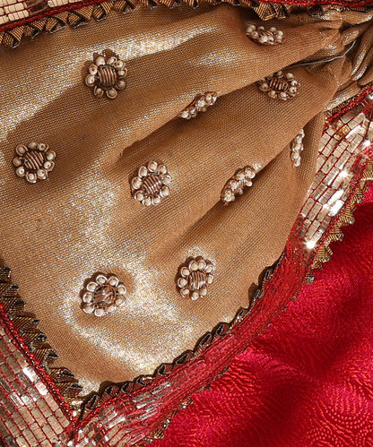Beige South Tissue Potli With Abla Lace And Embroidered Bootis