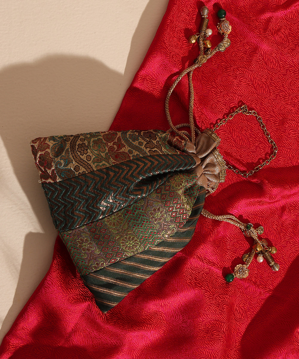 Multicoloured Brocade Potli With 4 Green Woven Panels