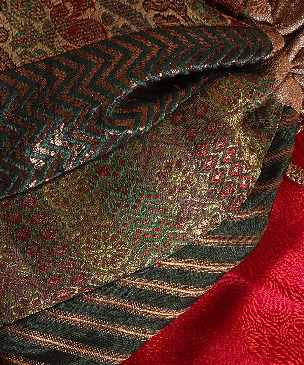Multicoloured Brocade Potli With 4 Green Woven Panels