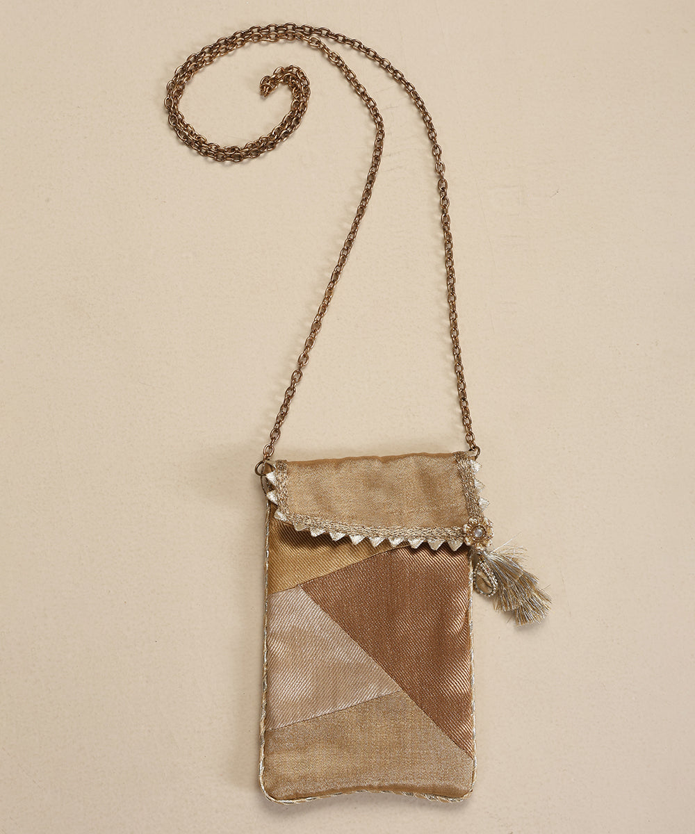 Beige-Brown Brocade Pouch With Slant Flap