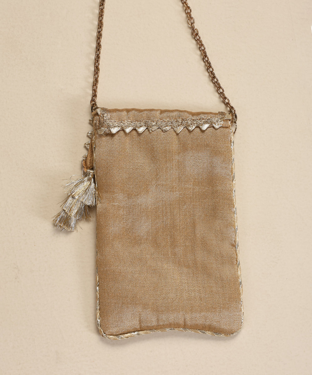 Beige-Brown Brocade Pouch With Slant Flap