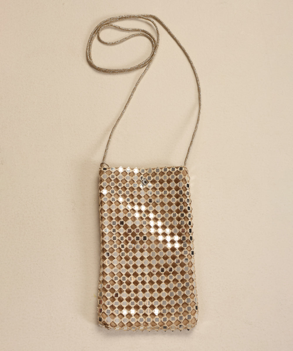 Beige Embroidered Pouch With Mirror Jaal
