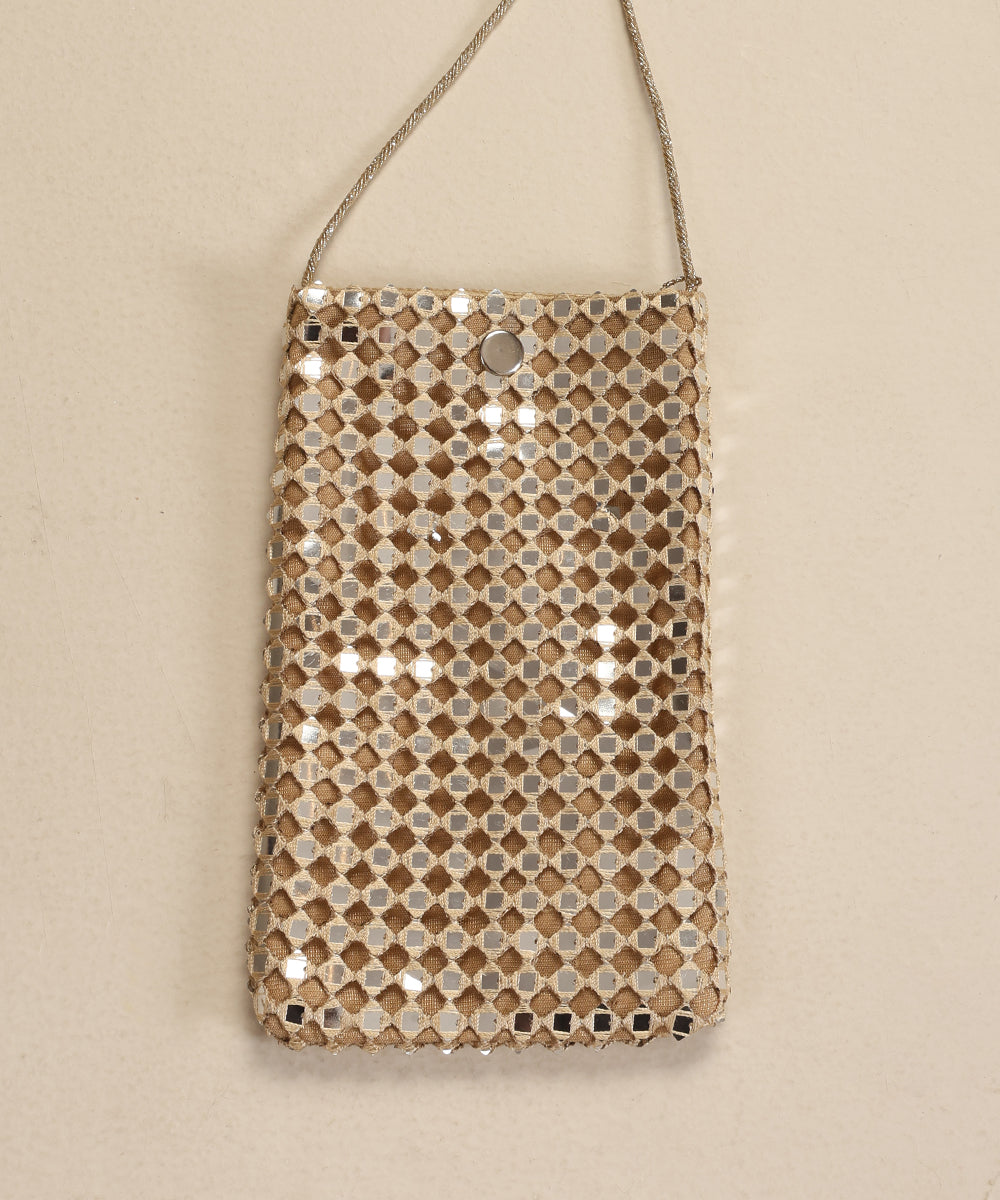 Beige Embroidered Pouch With Mirror Jaal