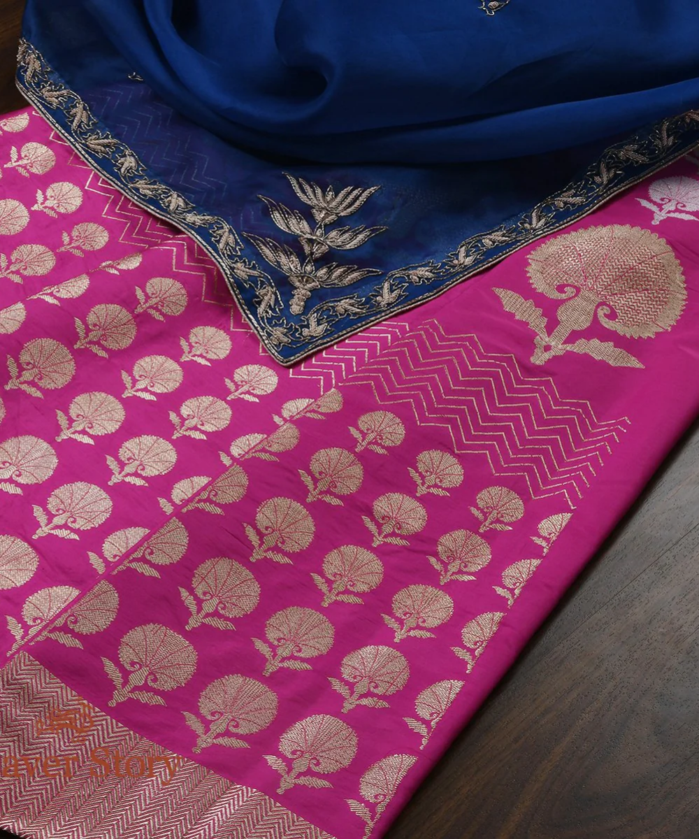 Handloom Pink Kadhwa Banarasi Lehenga With Marigold Motifs In Fine Zari