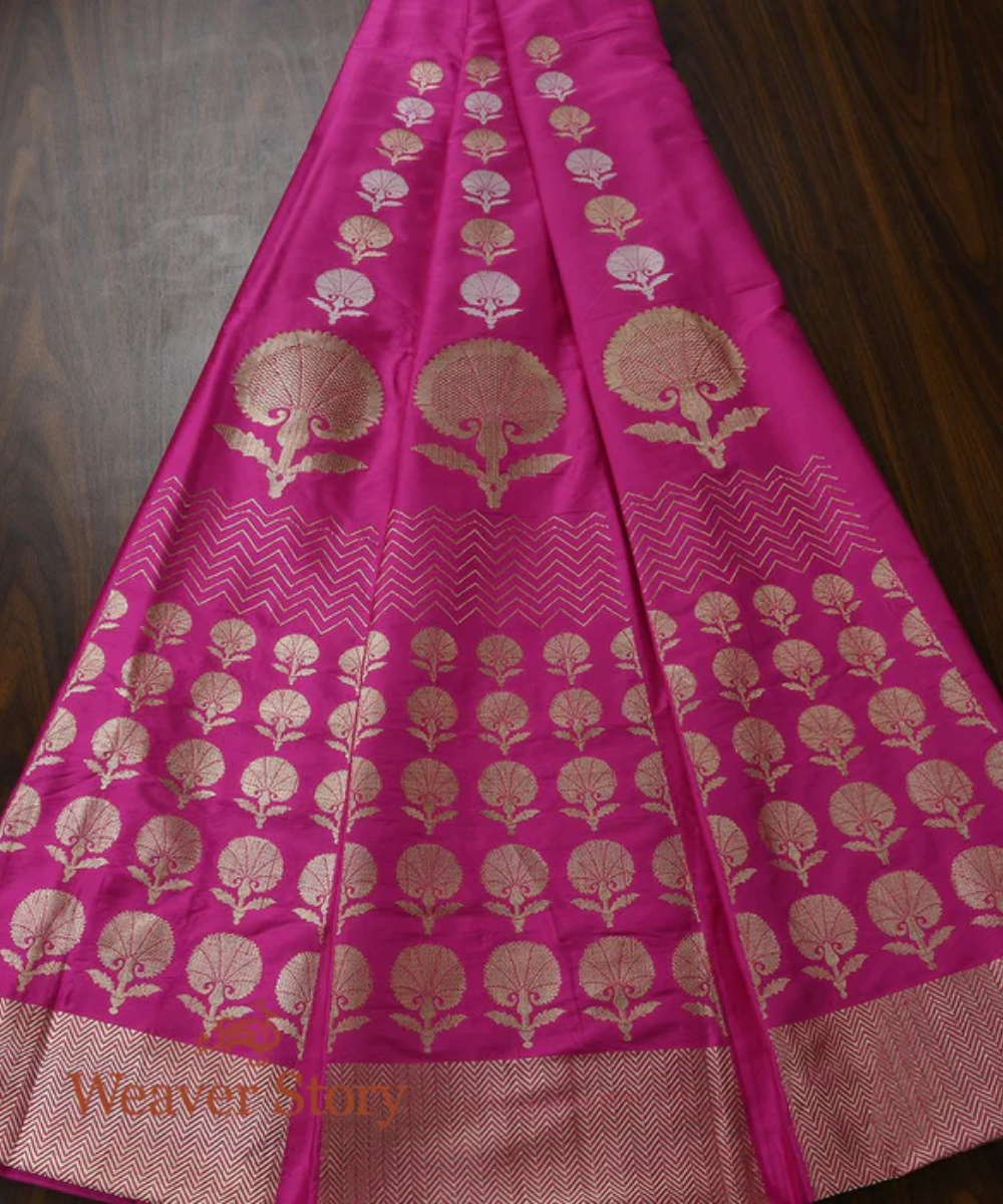 Handloom Pink Kadhwa Banarasi Lehenga With Marigold Motifs In Fine Zari