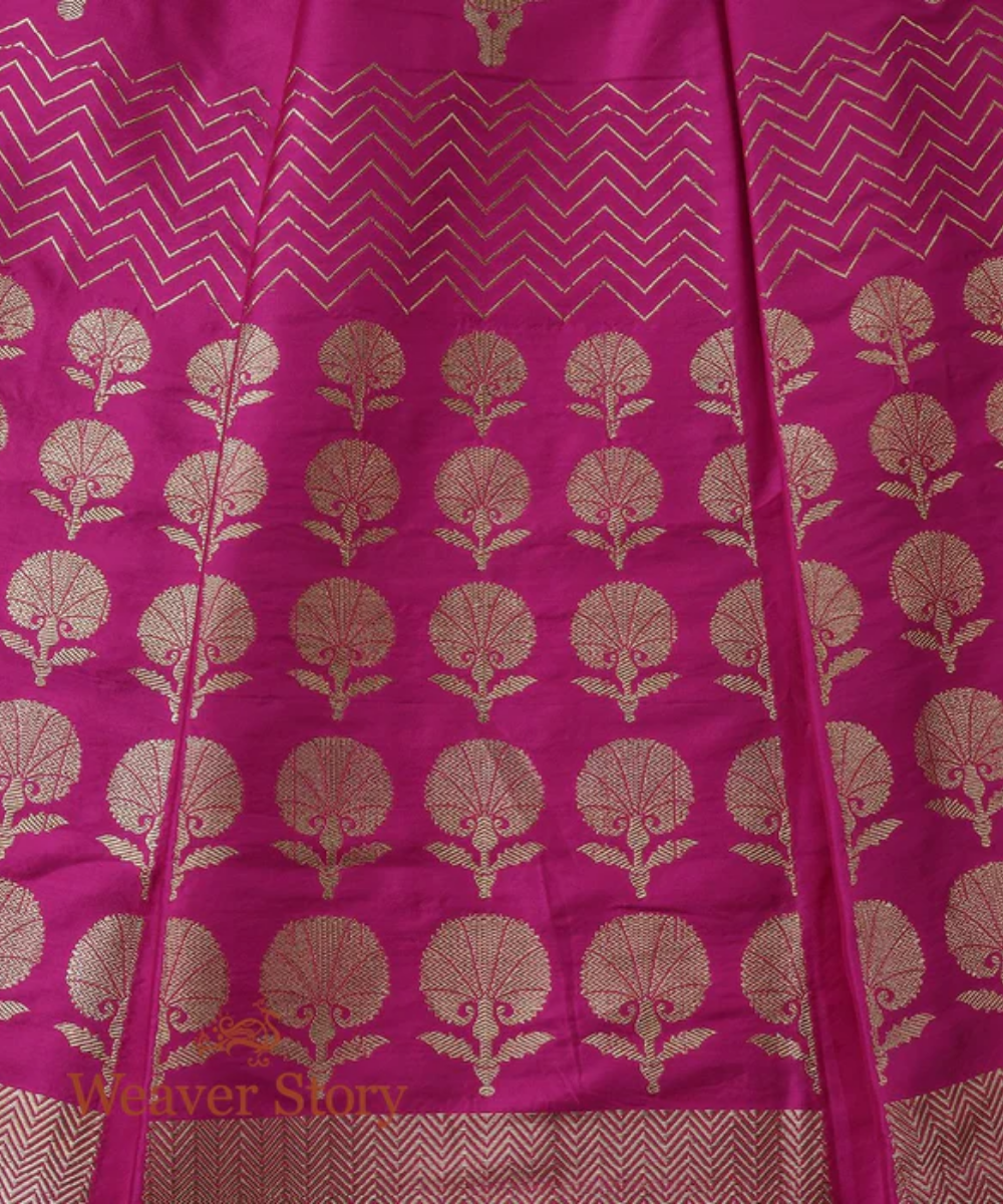 Handloom Pink Kadhwa Banarasi Lehenga With Marigold Motifs In Fine Zari