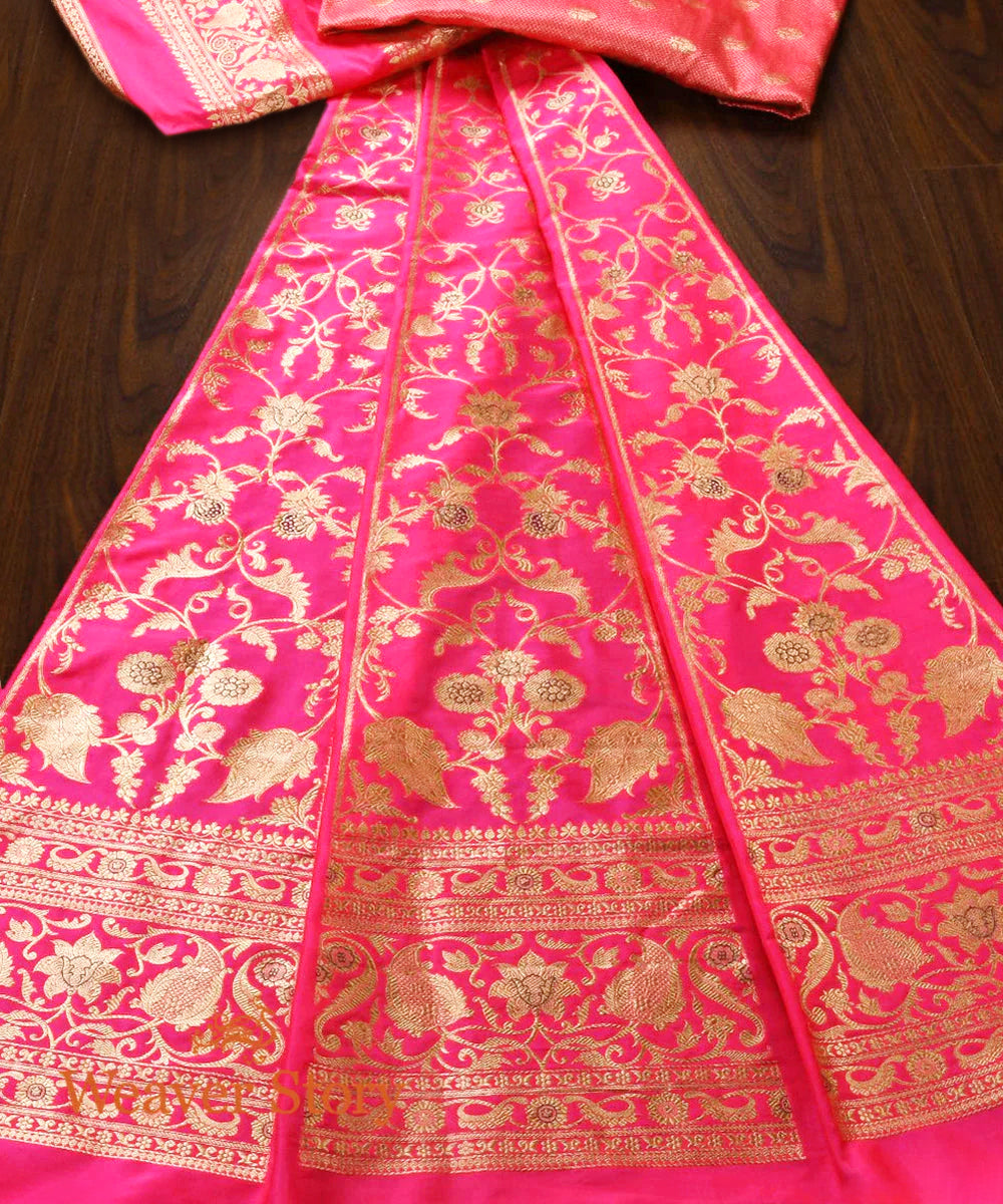 Handloom Pink Kadhwa Meenakari Katan Silk Banarasi Lehenga