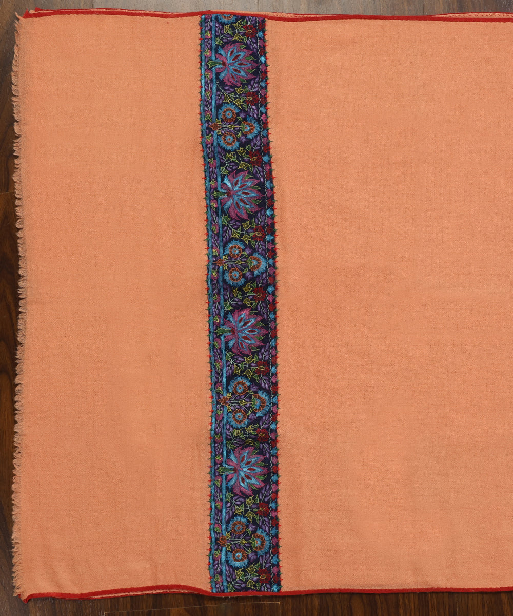 Peach_Handwoven_Pure_Pashmina_Stole_With_Blue_Hand_Appliqued_Kashidakari_Border_WeaverStory_02