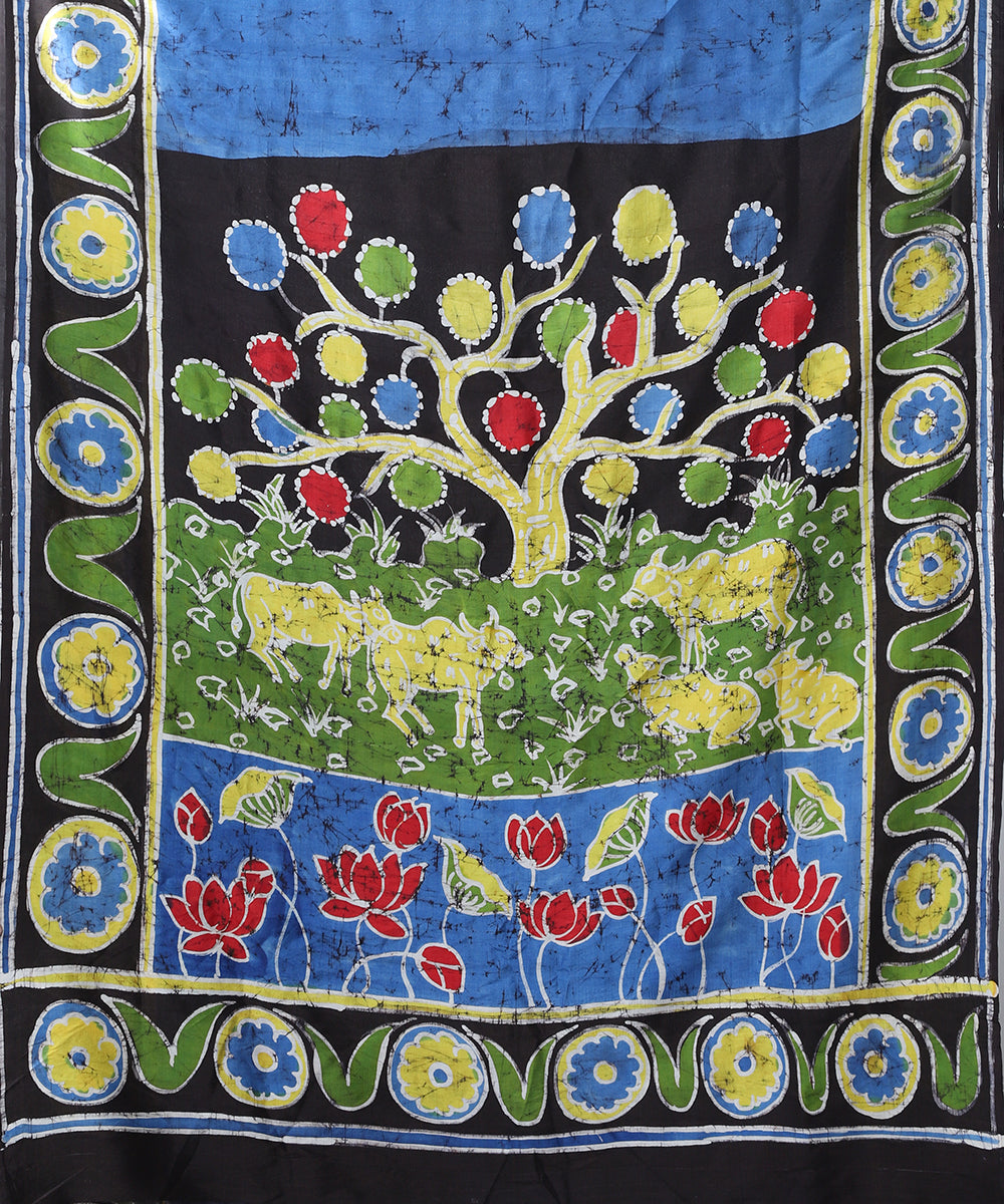 Blue_Handloom_Pure_Mulberry_Silk_Hand_Batik_Saree_With_Lotus_Flower_Motif_And_Brown_Border_WeaverStory_04