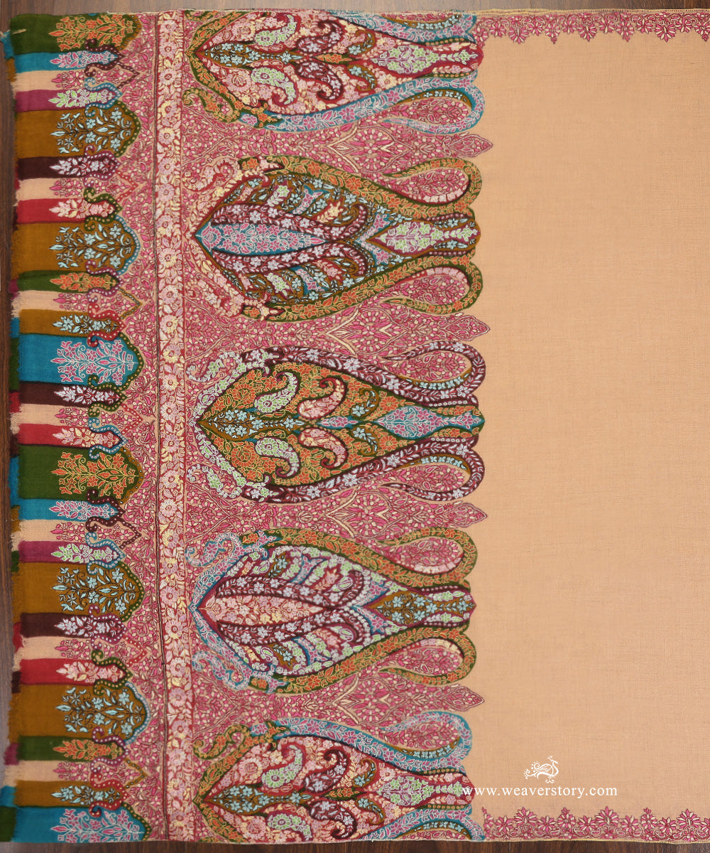 Cream_Pure_Pashmina_Shawl_With_Kalamkari_Palla_Border_And_Paper_Mache_WeaverStory_03
