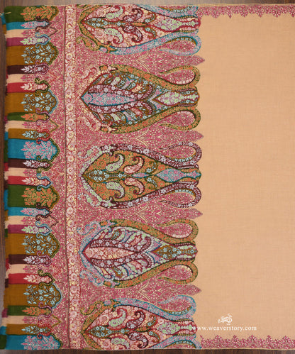 Cream_Pure_Pashmina_Shawl_With_Kalamkari_Palla_Border_And_Paper_Mache_WeaverStory_03