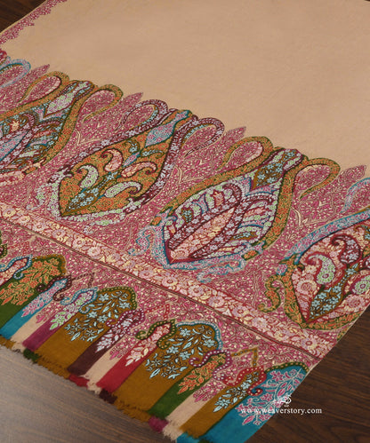 Cream_Pure_Pashmina_Shawl_With_Kalamkari_Palla_Border_And_Paper_Mache_WeaverStory_04