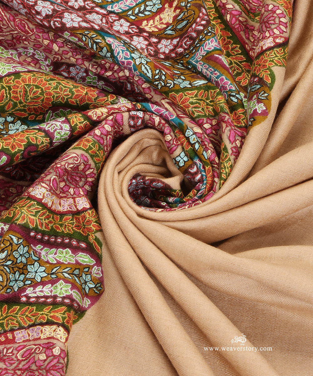 Cream_Pure_Pashmina_Shawl_With_Kalamkari_Palla_Border_And_Paper_Mache_WeaverStory_06