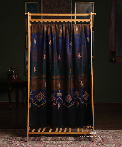 Blue_And_Brown_Pure_Pashmina_Shawl_With_Ikat_Weaving_And_Soznikari_Booti_WeaverStory_02