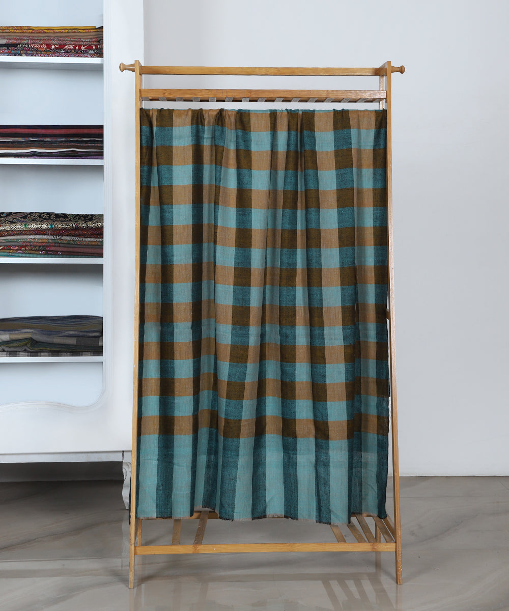 Blue_And_Brown_Checkered_Pure_Pashmina_Shawl_With_Ikat_Weaving_WeaverStory_02