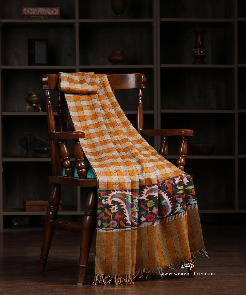 Mustard_Yellow_And_Beige_Handwoven_Gents_Kani_Work_Pure_Pashmina_Shawl_With_Checks_WeaverStory_01