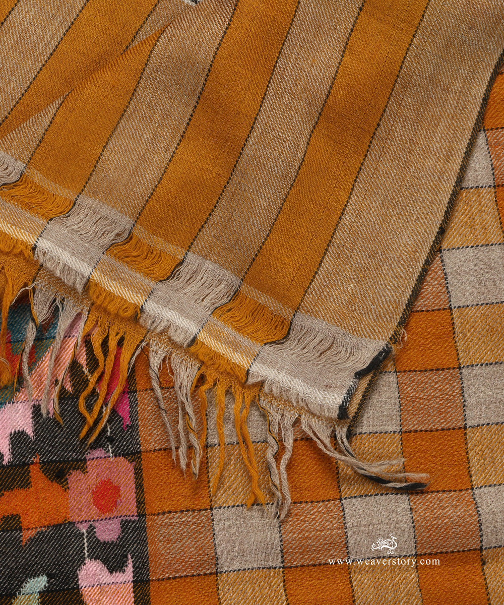 Mustard_Yellow_And_Beige_Handwoven_Gents_Kani_Work_Pure_Pashmina_Shawl_With_Checks_WeaverStory_04