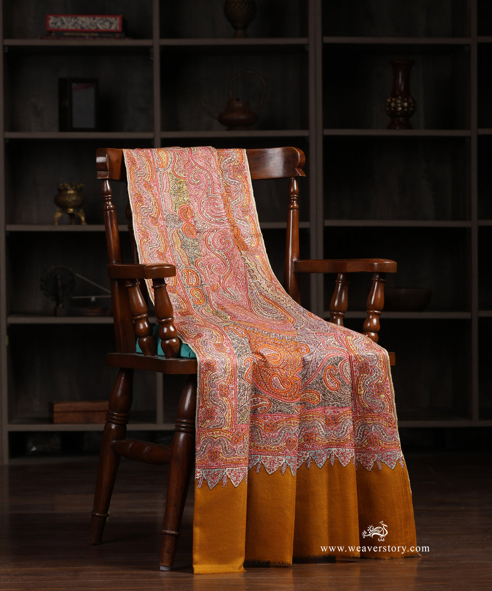 Mustard_Yellow_Handwoven_Jamawar_Pure_Pashmina_Shawl_With_Soznikari_WeaverStory_01