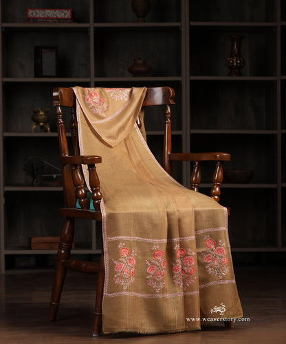 Sand_Powder_Handwoven_Phoolkaari_Design_Pashmina_Stole_With_Soznikari_WeaverStory_01