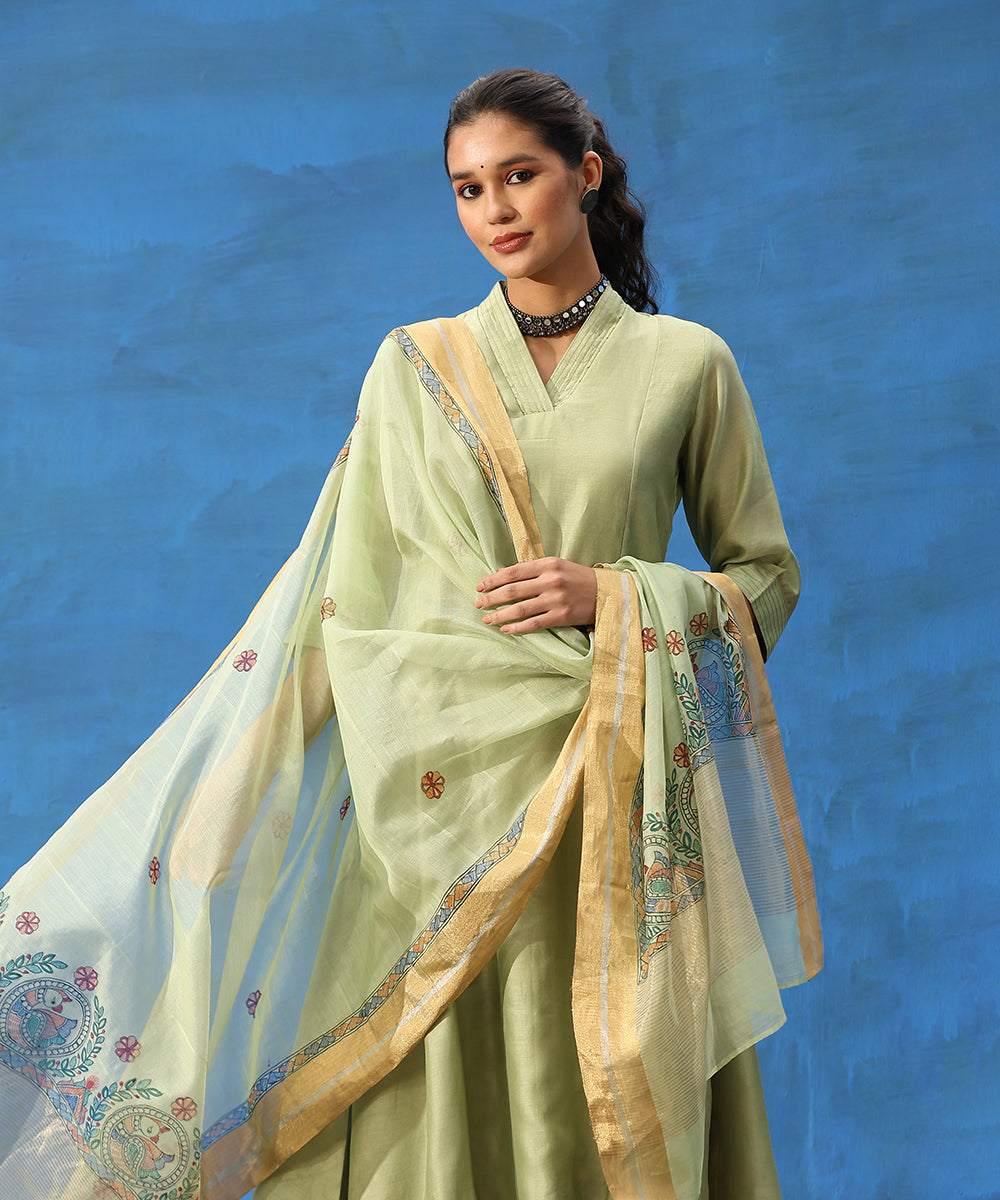 Pista_Green_Handloom_Cotton_Chanderi_Kurta_Set_With_Hand_Painted_Madhubani_Dupatta_WeaverStory_06