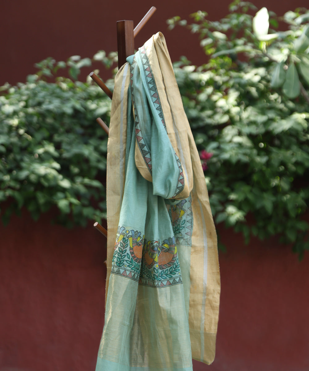 Sage_Green_Hand_Painted_Pure_Chanderi_Madhubani_Dupatta_WeaverStory_01
