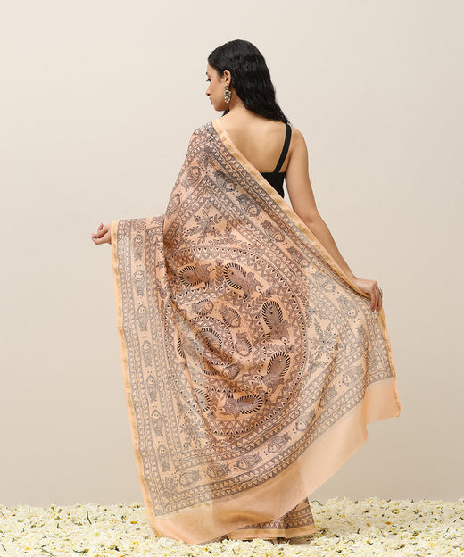 Handloom Light Peach Chanderi Madhubani Saree with Handpainted Fish Motifs in Black Ink - Pre Order