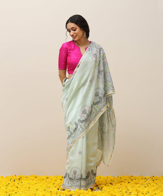 Pastel Green Handloom Chanderi Handpainted Madhubani Saree With Peacock Motifs - Pre Order