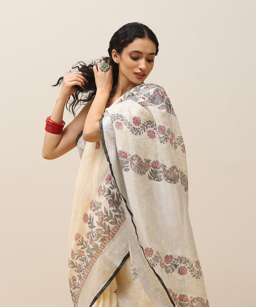 Handloom Beige Linen Handpainted Madhubani Saree With a Silver Zari Tissue Border - Pre Order