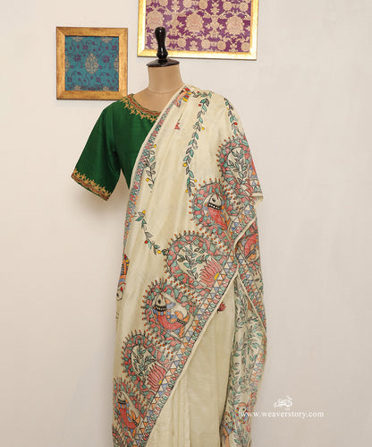 Cream Handloom Chanderi Madhubani Fish and Bird Saree – Pre Order