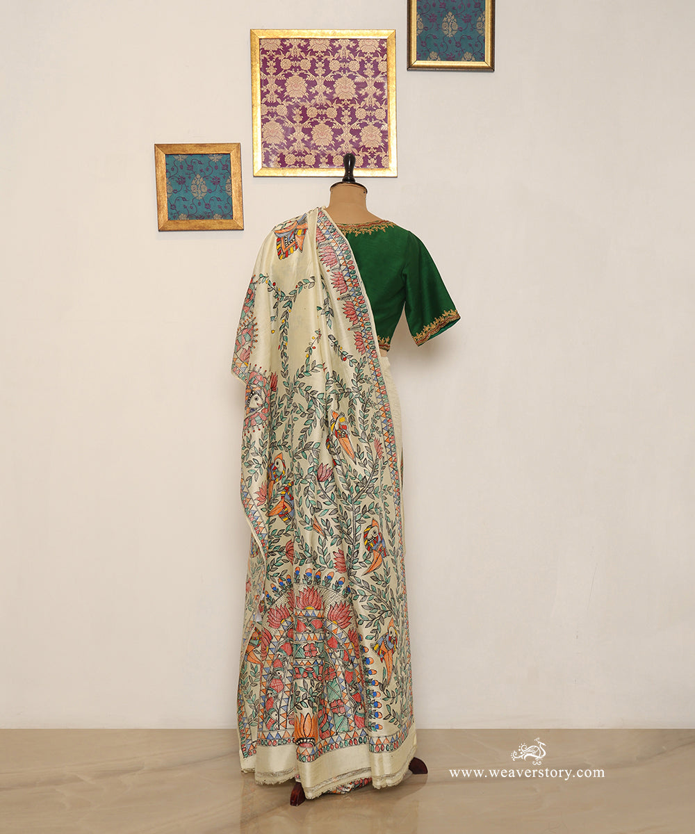 Cream Handloom Chanderi Madhubani Fish and Bird Saree – Pre Order