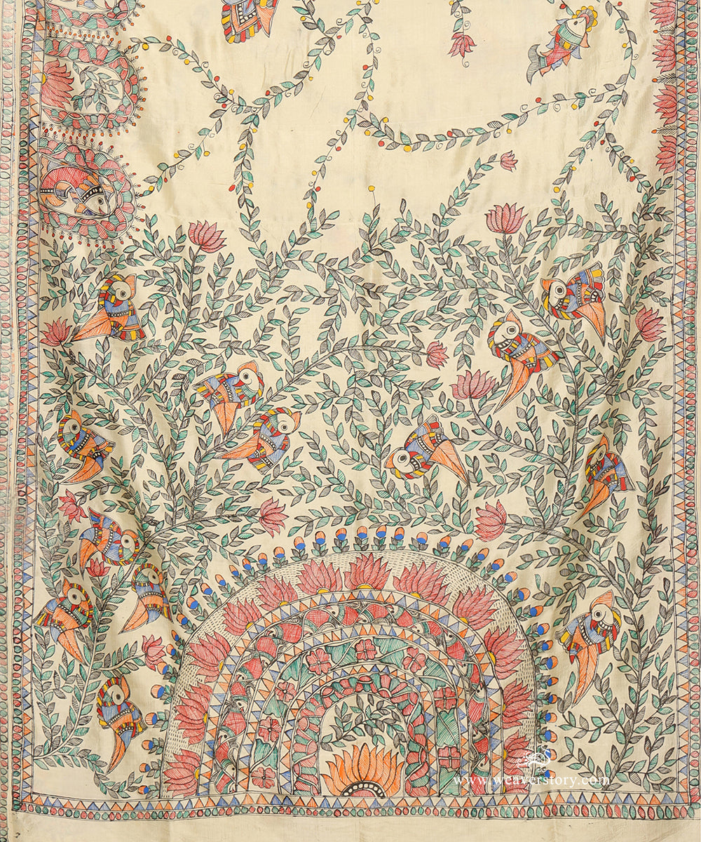 Close-up of fine bamboo-pen painting showing birds and layered fish and lotus patterns on the pallu.