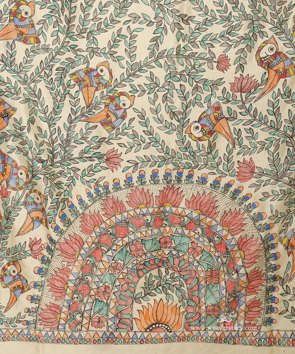 Cream Handloom Chanderi Madhubani Fish and Bird Saree – Pre Order