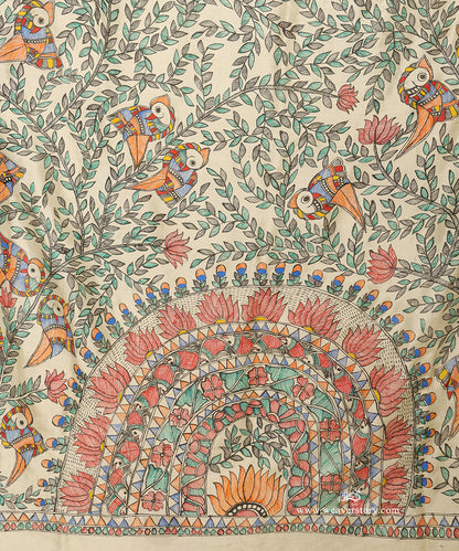 Cream Handloom Chanderi Madhubani Fish and Bird Saree – Pre Order