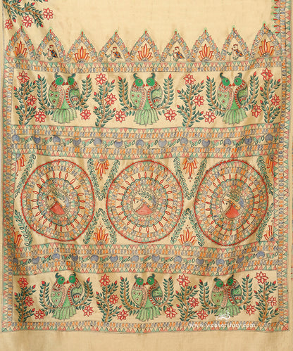 Madhubani pallu with rows of paired green parrots and three intricate circular bird panels.