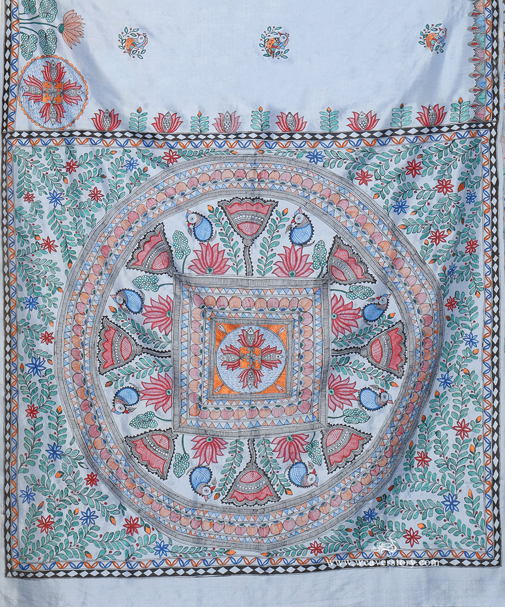 Sky Blue Handloom Chanderi Saree with Madhubani Birds and Lotus – Pre Order