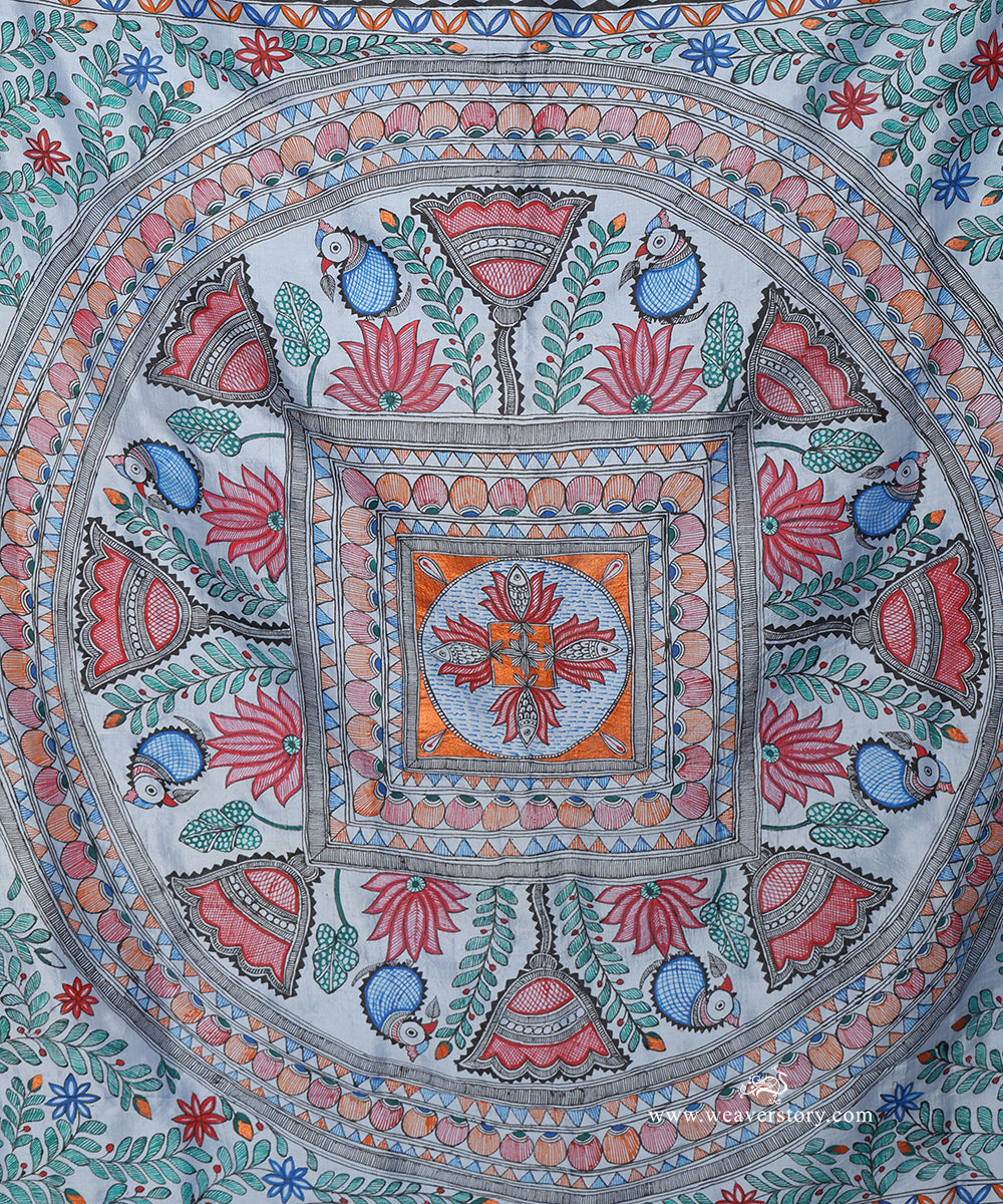 Sky Blue Handloom Chanderi Saree with Madhubani Birds and Lotus – Pre Order