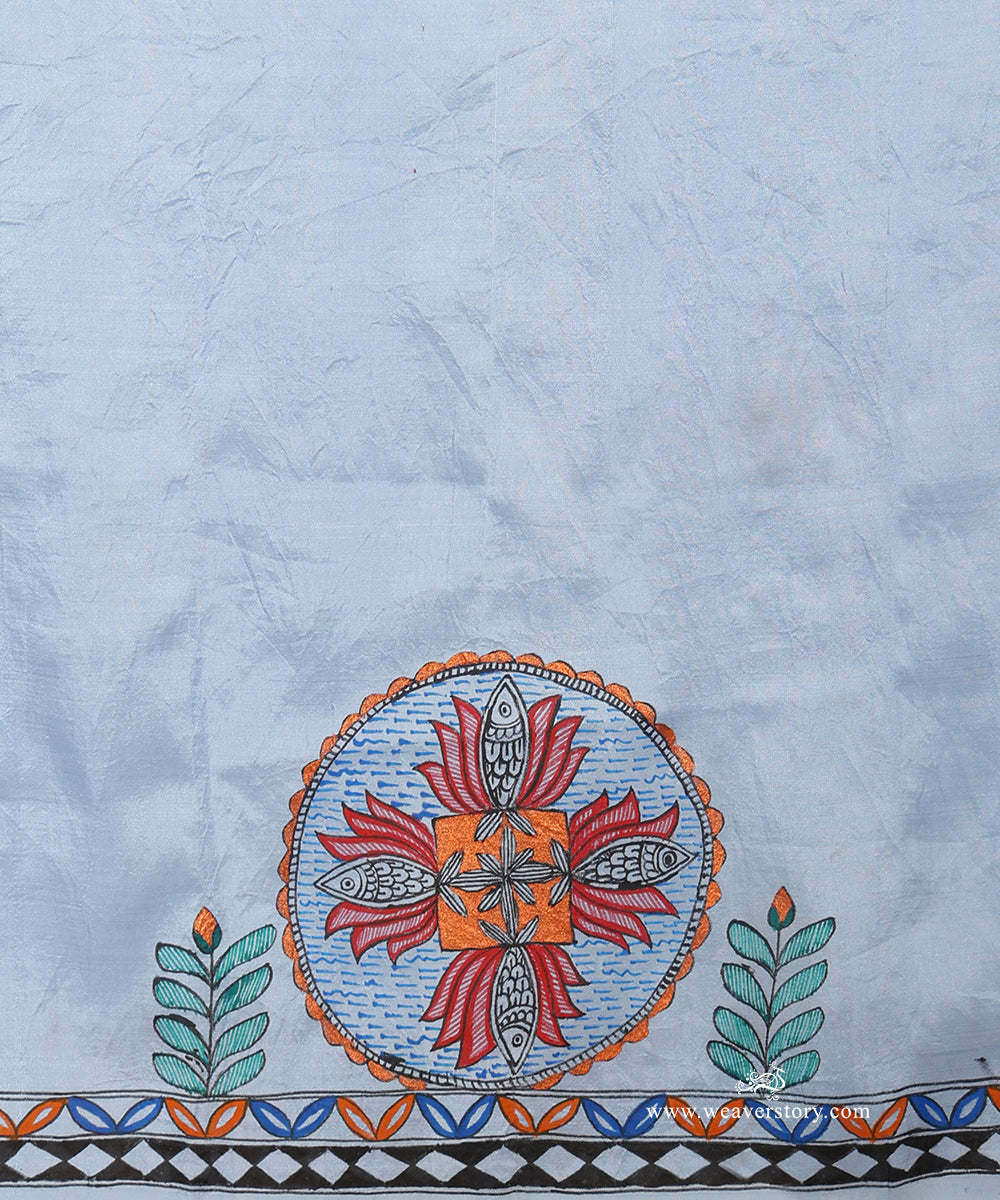 Sky Blue Handloom Chanderi Saree with Madhubani Birds and Lotus – Pre Order