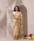 Model wearing a beige gold handloom Chanderi Madhubani saree with intricate painted bird borders.