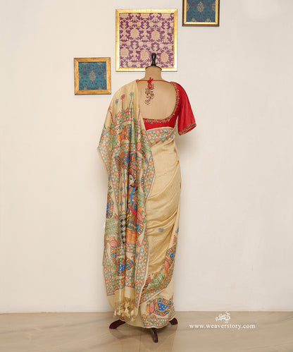 Beige Gold Handloom Chanderi Madhubani Vishnu–Lakshmi Saree – Pre Order