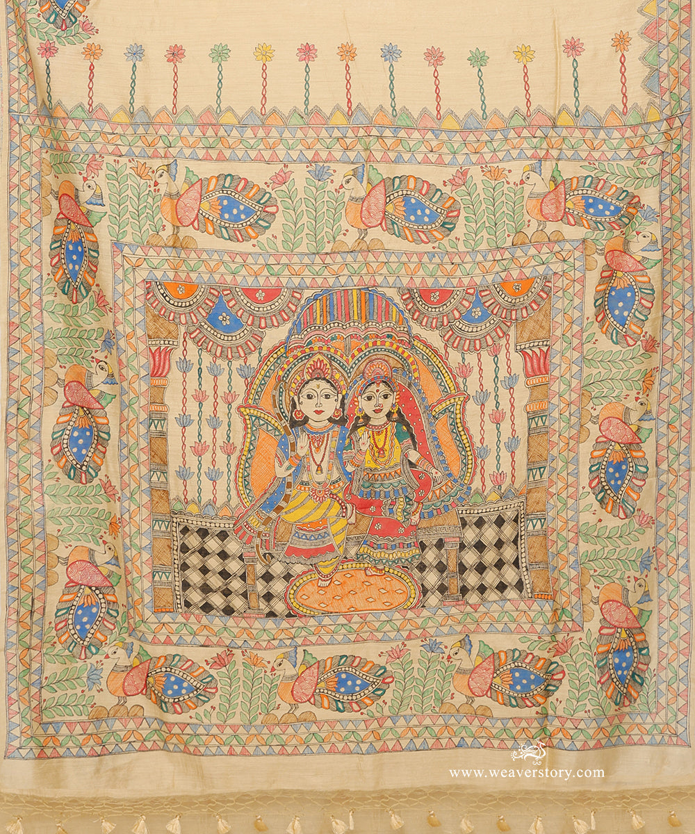 Madhubani pallu depicting Lord Vishnu and Goddess Lakshmi seated on an ornate throne in blessing.