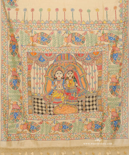 Madhubani pallu depicting Lord Vishnu and Goddess Lakshmi seated on an ornate throne in blessing.