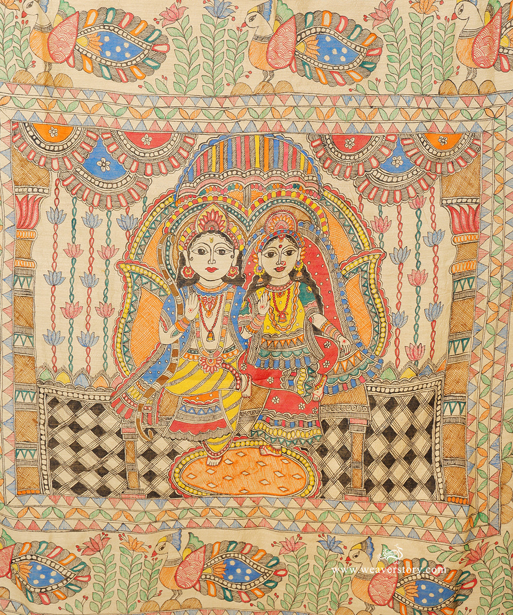 Close-up of the hand-painted Vishnu–Lakshmi scene with intricate throne details and fine bamboo-pen lines