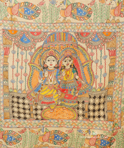 Close-up of the hand-painted Vishnu–Lakshmi scene with intricate throne details and fine bamboo-pen lines